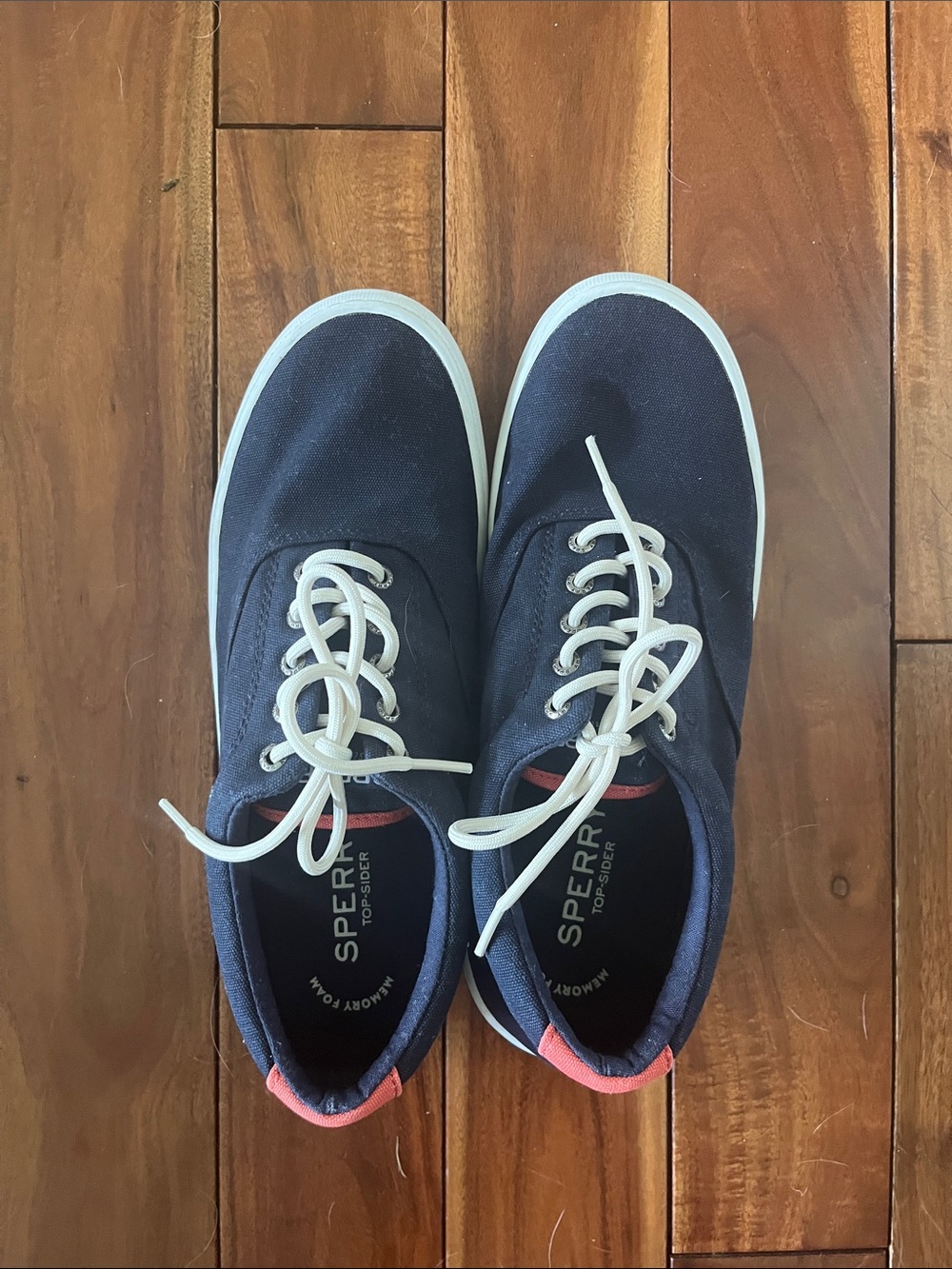 Sperry Navy Canvas Boat Shoes with White Laces and Coral Heel Tab
